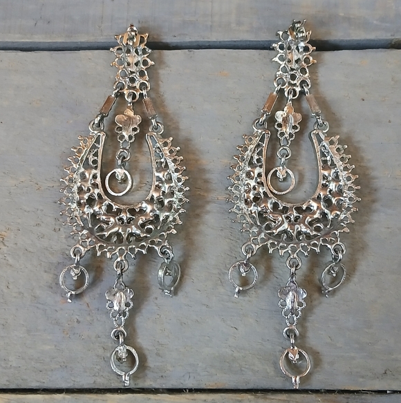Vtg Chandelier Dangle Rhinestone Crystal Statement Earrings - Picture 10 of 16